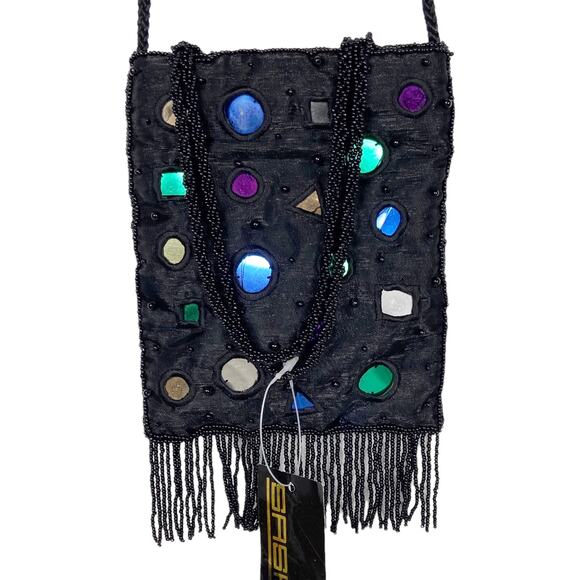 Vintage Crossbody Bag Fringe Metallic Black Embellished - Picture 1 of 10